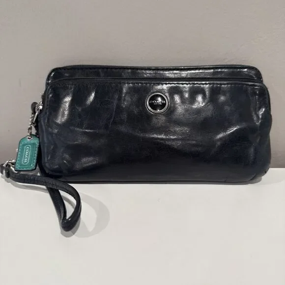 Coach Wristlet Black Leather Wallet Double Zip Striped Legacy Satin Lining 8x4 - Picture 1 of 16